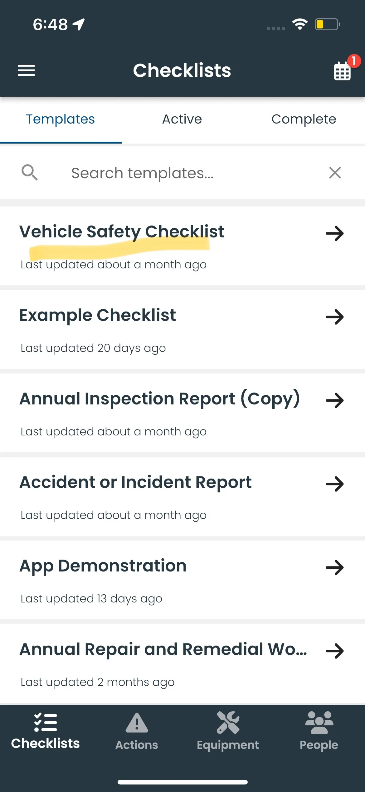 Tapping on a checklist template name