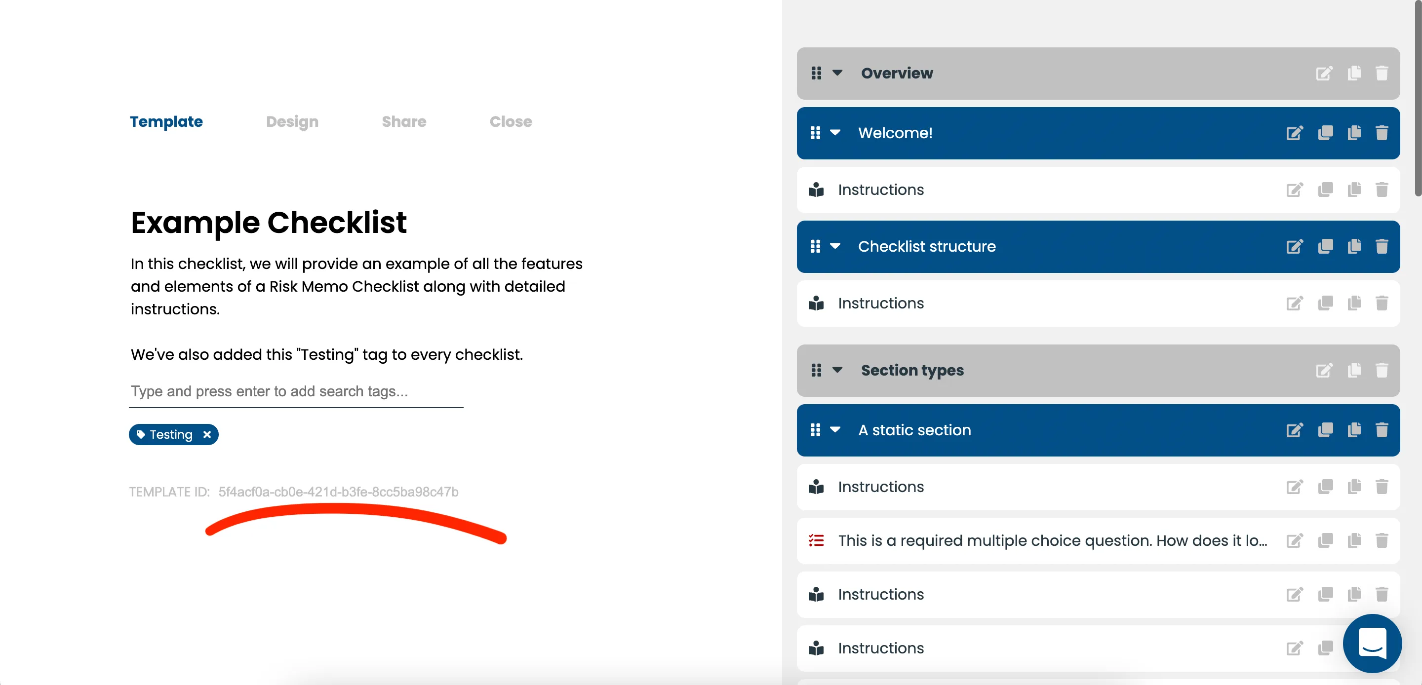 Template ID shown on the Template page of the template builder