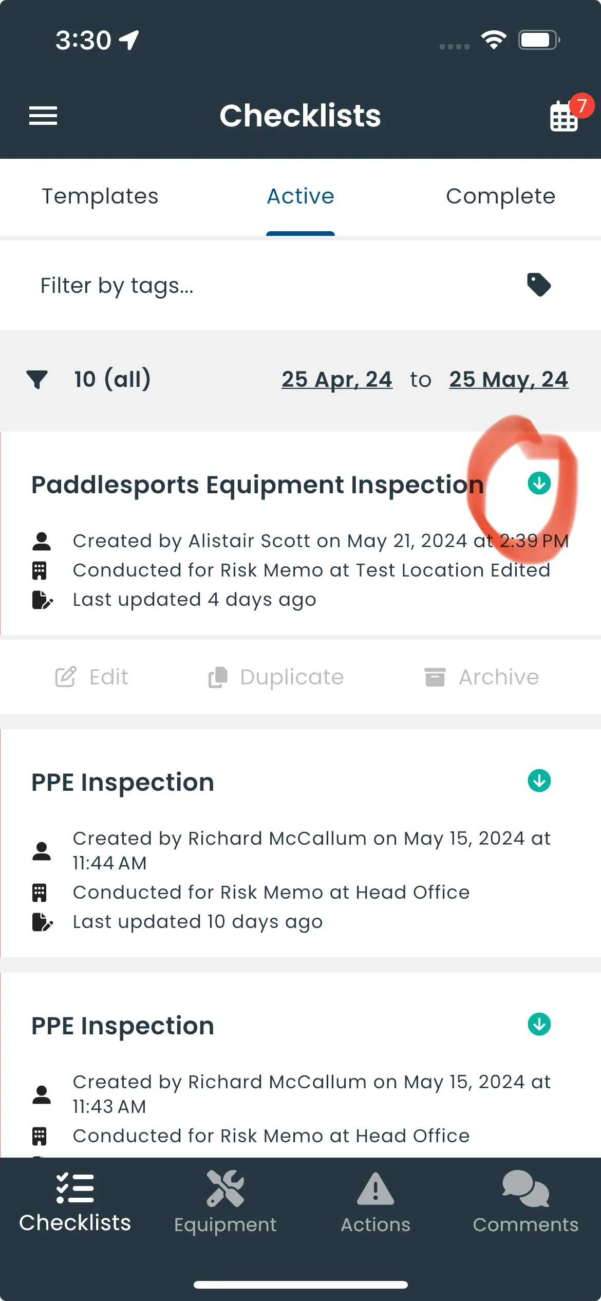 Green arrow indicating the checklist is downloaded and available offline